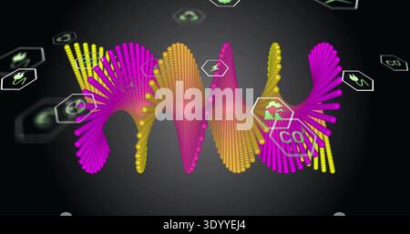 Showing magenta-yellow waveform forming from glossy spheres and nodes on virtual stage, hex panels Stock Photo
