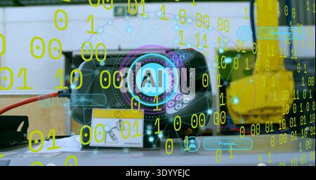 Displaying black device projecting AI emblem, UI overlays on lab bench with red cable, yellow arm Stock Photo