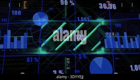 Displaying three diagonal glowing green bars with numeric label 121 on dark dashboard, with grid Stock Photo