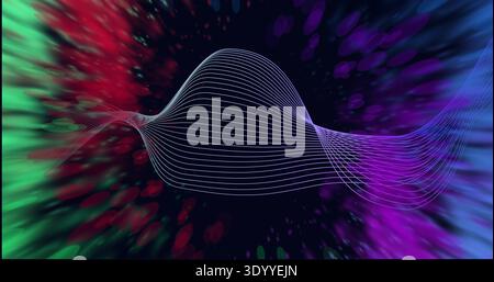 Floating central white wireframe ribbon forming sinuous 3D wave in digital art, with neon streaks Stock Photo