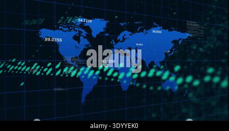 Displaying digital world map centered on dashboard, showing numeric labels, grid lines, data streak Stock Photo