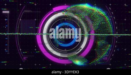 Displaying concentric-ring HUD rotating in HUD interface, showing particle globe, waveform axis Stock Photo