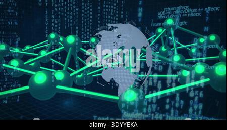 Displaying stylized gray globe linking with green nodes over blue grid, with streaming code Stock Photo