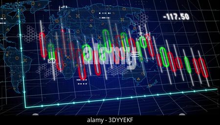 Displaying 3D candlestick bars floating over perspective grid, showing cyan axis and -117 Stock Photo