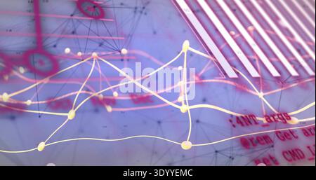 Displaying network of glowing yellow nodes and curved lines forming waveform in UI, with red code Stock Photo