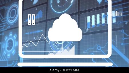 Displaying white cloud icon sitting inside simplified laptop outline on blue dashboard, with charts Stock Photo