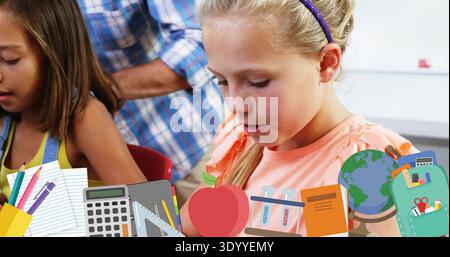 Working blonde girl wearing peach shirt and purple headband at classroom desk, with school supplies Stock Photo