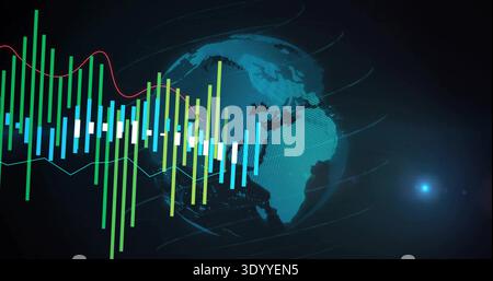 Displaying dotted 3D globe and colorful bar chart in virtual dashboard, showing red and cyan lines Stock Photo
