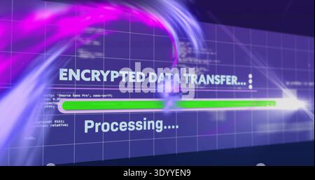 Displaying centered ENCRYPTED DATA TRANSFER header with green progress bar and Processing Stock Photo