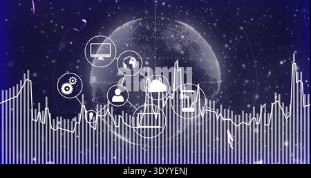 Displaying central dotted globe linking tech icons in data hub, with line graph and bars Stock Photo