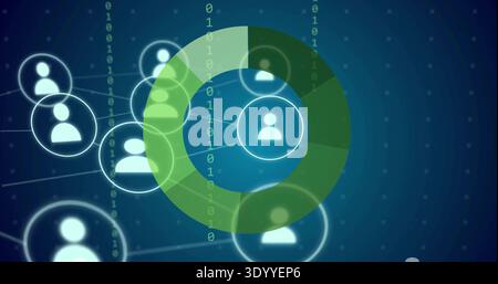 Displaying green donut ring overlaying virtual network, showing avatars, lines, binary Stock Photo