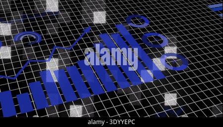 Displaying blue ascending bar chart with line arrow and ring markers on 3D grid with highlights Stock Photo