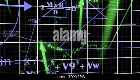 Displaying complex chart showing rising green line on digital screen, with white grid and blue math Stock Photo