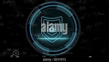 Displaying shield padlock, HUD rings, scan line, hex H emblem, math chemical diagrams on dark UI Stock Photo