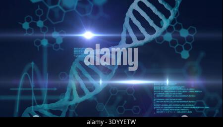 Showing teal DNA double helix running diagonally in lab UI, hexagons, graph, cyan code, flares Stock Photo