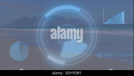 Displaying circular radar HUD covering coastal shoreline, with pie chart, bar chart, waveform, grid Stock Photo
