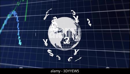 Displaying white wireframe globe orbiting floating currency symbols on virtual dashboard, navy grid Stock Photo