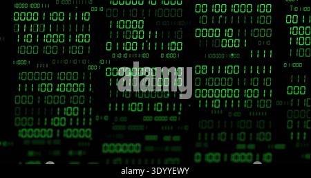 Displaying central cluster of green binary digits glowing on closeup LED panel, with pixel grid Stock Photo
