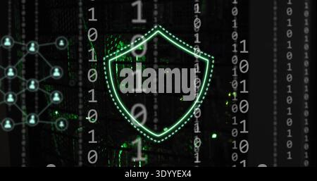 Pulsing double-dotted neon shield outline hovering in data center, showing binary and server rack Stock Photo