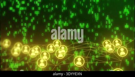 Glowing yellow user avatar icons forming connected lines across lower-middle, with cascading glyphs Stock Photo