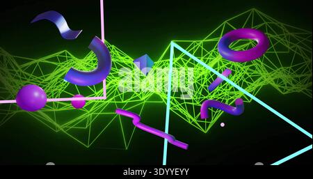 Glowing neon-green wireframe ridge and glossy purple torus and sphere floating in virtual 3D studio Stock Photo