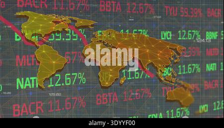 Displaying gold mesh world map showing network, falling red trend and green red tickers on screen Stock Photo