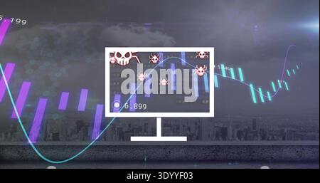 Displaying centered white monitor showing neon charts, cyan line, red skull icons at concrete ledge Stock Photo