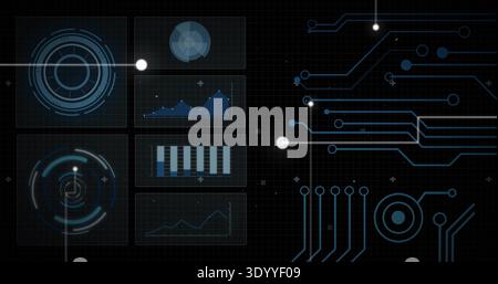 Displaying six translucent panels on left of HUD grid, showing radar, charts, circuits, copy space Stock Photo