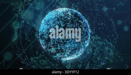 Pulsing digital network globe rotating in cybernetic space, with glowing nodes and particle halo Stock Photo