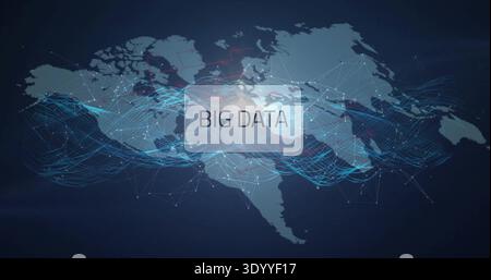 Floating rectangle label reading BIG DATA over navy world map showing blue-cyan waves mesh nodes Stock Photo