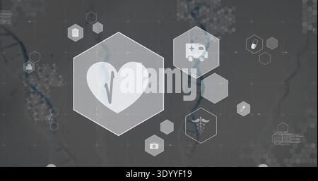 Displaying large hexagon with heart and pulse on dark gridded interface, showing ambulance icon Stock Photo