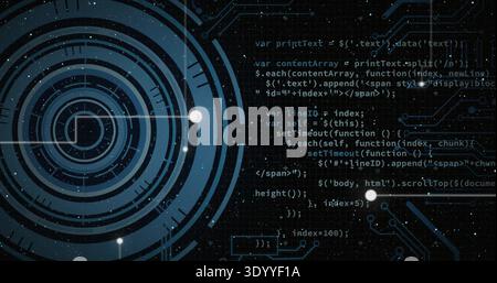 Displaying concentric circular HUD rotating at left on dark grid UI, with code and glowing nodes Stock Photo