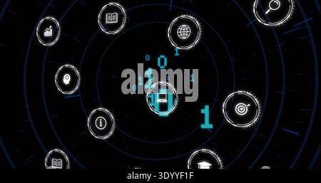 Rotating central monitor node emitting binary digits on radial grid dashboard, neon icons glowing Stock Photo