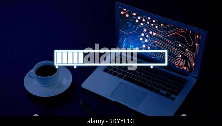Displaying open silver laptop showing circuit motif on blue desk, loading bar, coffee cup and pen Stock Photo