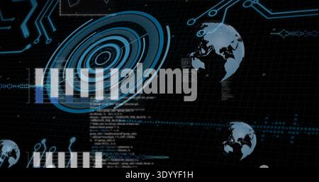 Rotating ringed radar HUD centering on dashboard, displaying scrolling code, bars, globe icons Stock Photo