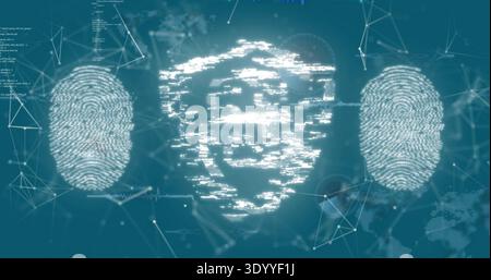 Displaying central shield icon glitching on teal-blue security interface, with fingerprint scans Stock Photo