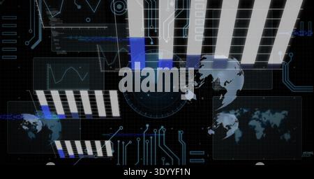 Displaying data cluster centered in HUD, showing radar, globe, bars, circuits on grid background Stock Photo