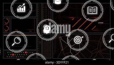 Displaying HUD cluster on digital dashboard showing target and head-with-gear icons, data panels Stock Photo