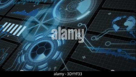 Displaying central radial HUD glowing on dark grid plane, linking tiled panels gauges globe charts Stock Photo