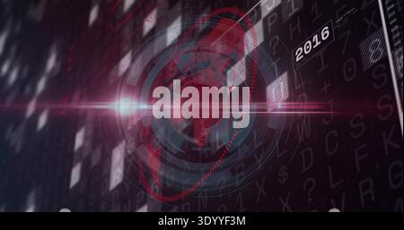 Animating central HUD radar spinning on digital UI background, with magenta scan-line and 2016 grid Stock Photo
