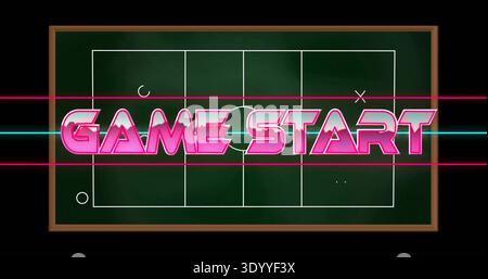 Displaying pink neon GAME START over framed chalkboard with wood frame, chalk markers, scan lines Stock Photo