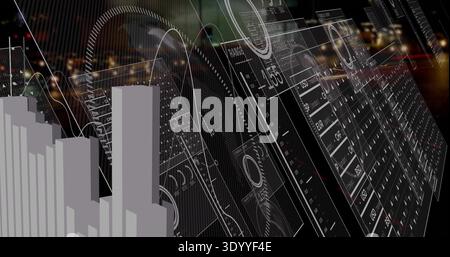 Displaying gray 3D bar chart hovering over night city skyline, with HUD panels, gauges, copy space Stock Photo