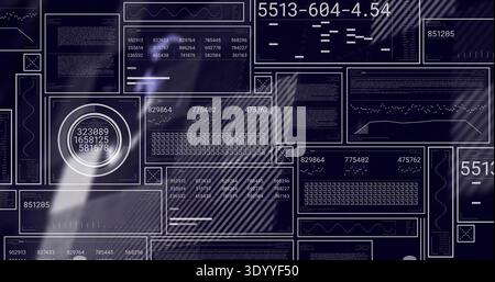 Displaying rectangular panels and circular gauge on digital dashboard, showing charts and matrices Stock Photo