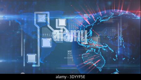 Displaying 3D globe glowing right in digital dashboard with HUD panels, node blocks, data nodes Stock Photo