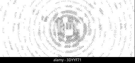 Abstract radial pixelated halftone texture. Circular pixel explosion background. Rotating scattered dotted pattern overlay bg. Fading geometric fragment wallpaper. Vector radial spinning backdrop Stock Vector