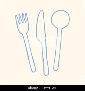 Hand drawn fork, knife and spoon in minimalist blue line style. Simple cutlery set vector illustration for kitchen themes, dining, restaurant menus Stock Vector