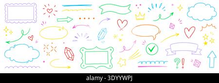 Hand drawn cute frame, arrow, star line set. Frame line hand drawn arrow doodle icon star border rectangle underline. Cute vintage heart bow lace sketch sticker label design. Vector illustration Stock Vector