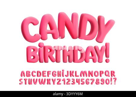 3D inflatable pink red balloon font, candy-like bubble letters. Chubby childish typography for holiday poster, birthday design and sweet graphics Stock Vector