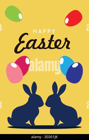 Festive Easter greeting card featuring two bunny silhouettes and colorful eggs, representing joy, spring celebration, and holiday happiness. Stock Vector
