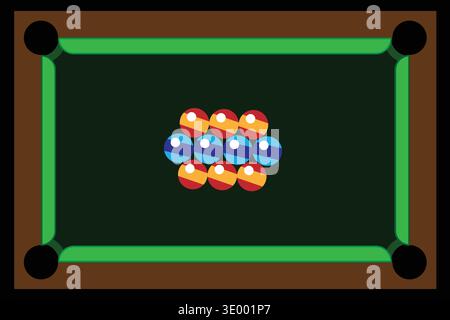 Billiard table illustration with colorful balls ready for play, representing indoor sports and recreation. Stock Vector